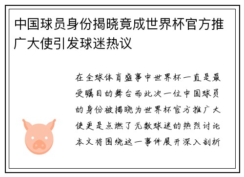 中国球员身份揭晓竟成世界杯官方推广大使引发球迷热议