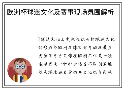 欧洲杯球迷文化及赛事现场氛围解析